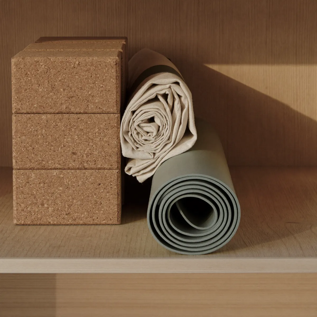 Cork blocks and linen on the mat shelf