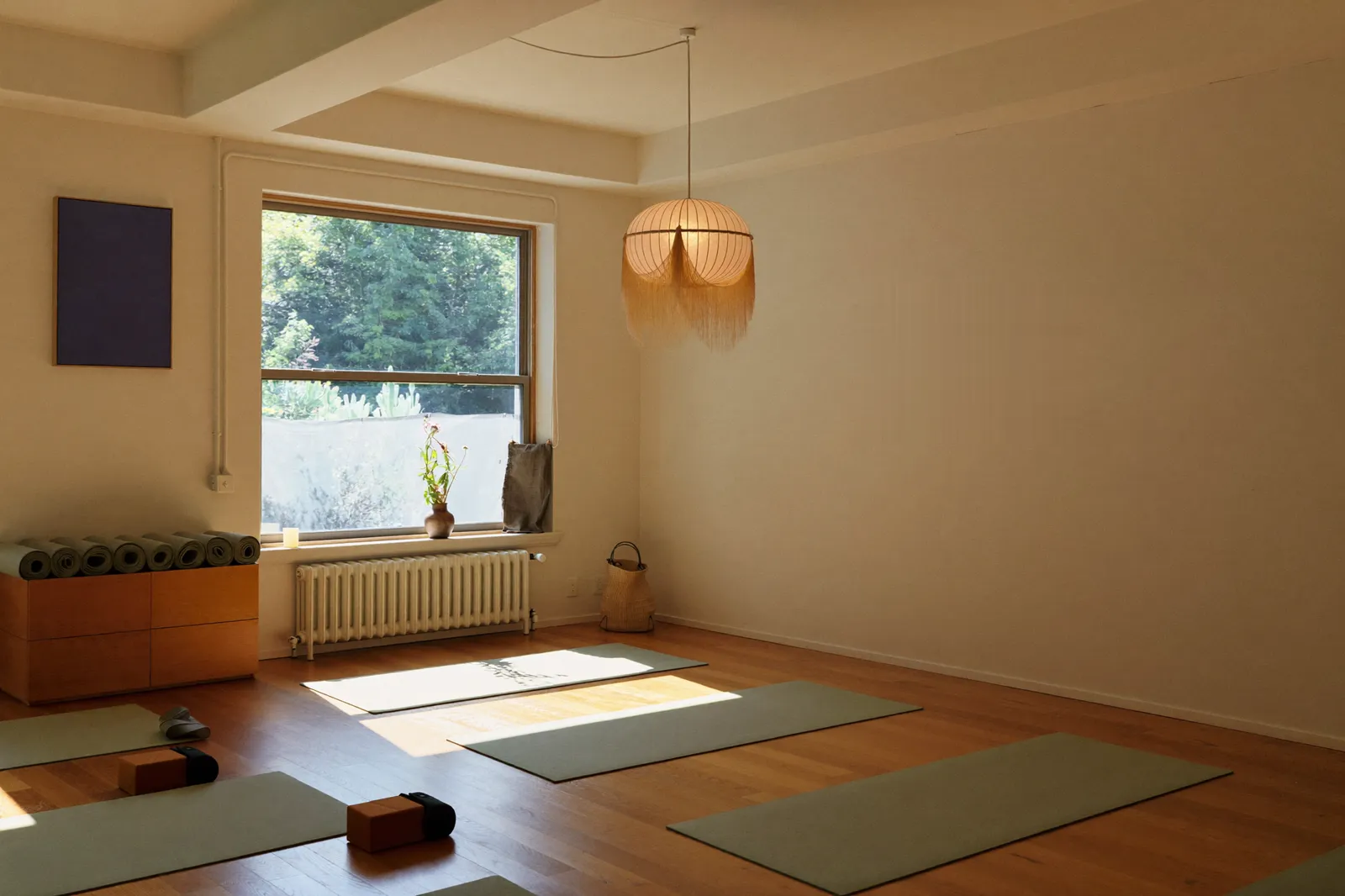 The main room, mats rolled and waiting